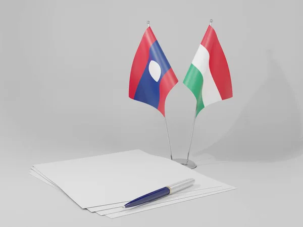 Hungria Acordo Laos Bandeiras Fundo Branco Render — Fotografia de Stock