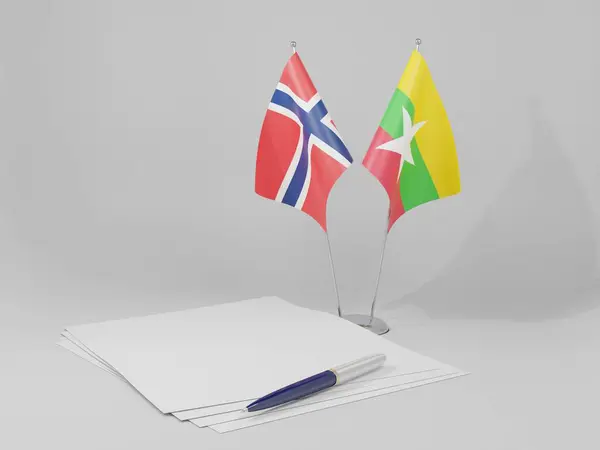 Bandeiras Acordo Mianmar Noruega Fundo Branco Renderização — Fotografia de Stock