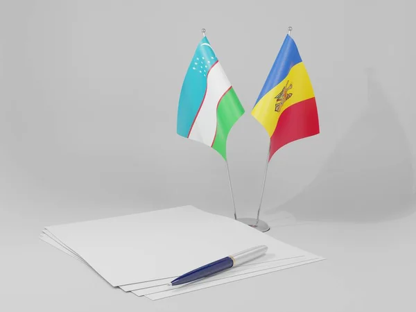 Moldavie Drapeaux Accord Ouzbékistan Fond Blanc Render — Photo