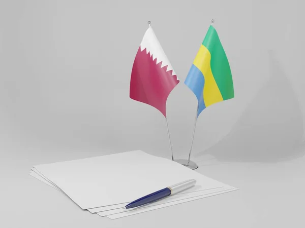 Gabon Katari Megállapodás Zászlók Fehér Háttér Render — Stock Fotó