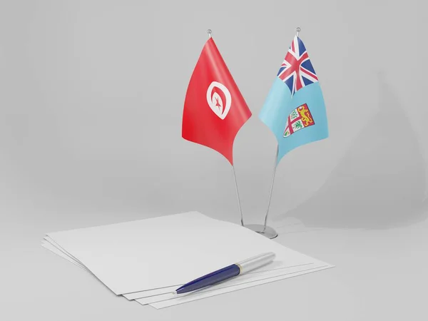 Fiji Tunisienavtalets Flaggor Vit Bakgrund Render — Stockfoto