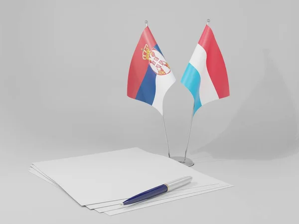 Luxemburgo Banderas Del Acuerdo Serbia Fondo Blanco Render —  Fotos de Stock