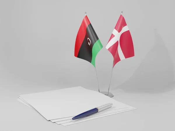 Δανία Λιβύη Flags Agreement White Background Render — Φωτογραφία Αρχείου