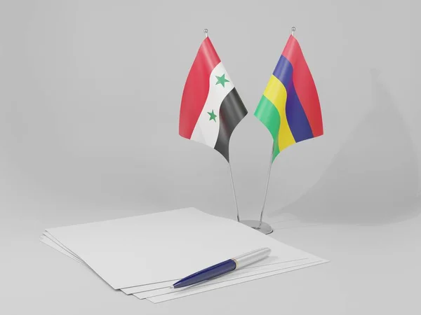 Mauritius Syria Flagi Porozumienia Białe Tło Render — Zdjęcie stockowe