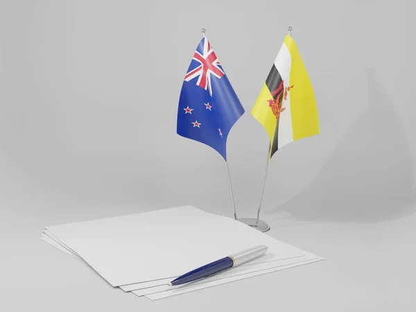 Μπρουνέι Σημαίες Συμφωνίας Νέας Ζηλανδίας Λευκό Φόντο Render — Φωτογραφία Αρχείου
