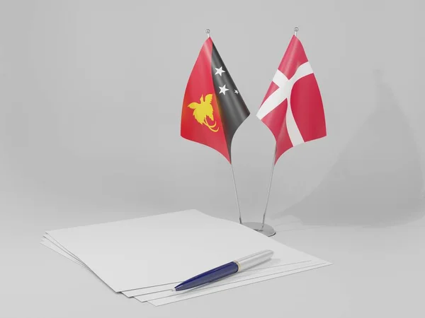 Dinamarca Acordo Papua Nova Guiné Bandeiras Fundo Branco Render — Fotografia de Stock