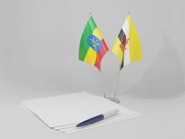 Brunei Drapeaux Accord Éthiopie Fond Blanc Render — Photo