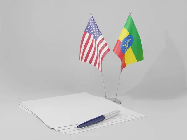 Etiopía Estados Unidos América Banderas Acuerdo Fondo Blanco Render — Foto de Stock