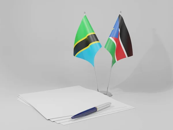 Νότιο Σουδάν Τανζανία Συμφωνία Σημαίες Λευκό Φόντο Render — Φωτογραφία Αρχείου