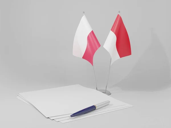 Mónaco Banderas Del Acuerdo Polonia Fondo Blanco Render —  Fotos de Stock