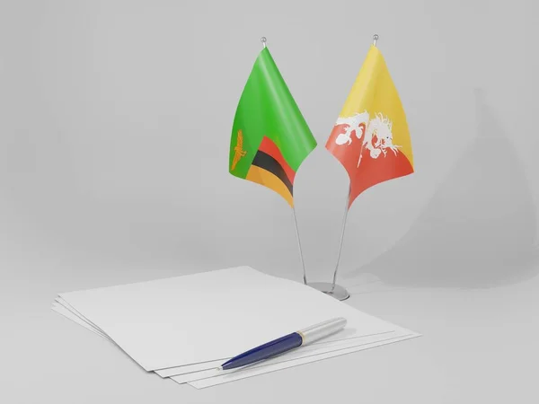 Butão Bandeiras Acordo Zâmbia Fundo Branco Render — Fotografia de Stock