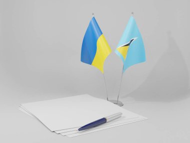 Saint Lucia - Ukrayna Anlaşması Bayrakları, Beyaz Arkaplan - 3D Render