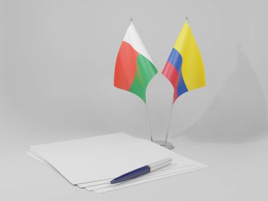 Kolombiya - Madagaskar Anlaşması Bayrakları, Beyaz Arkaplan - 3D Render