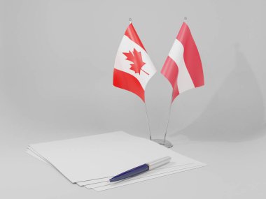 Avusturya - Kanada Anlaşması Bayrakları, Beyaz Arkaplan - 3D Hazırlama