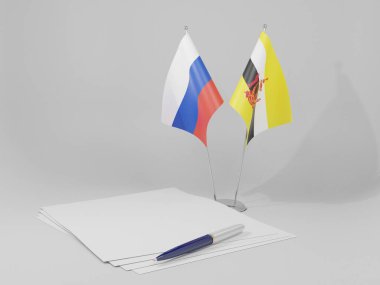 Brunei - Rusya Anlaşması Bayrakları, Beyaz Arkaplan - 3D Hazırlama