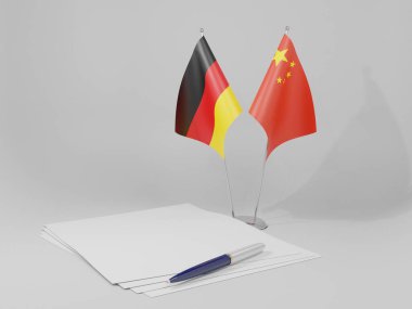 Çin - Almanya Anlaşması Bayrakları, Beyaz Arkaplan - 3D Hazırlama
