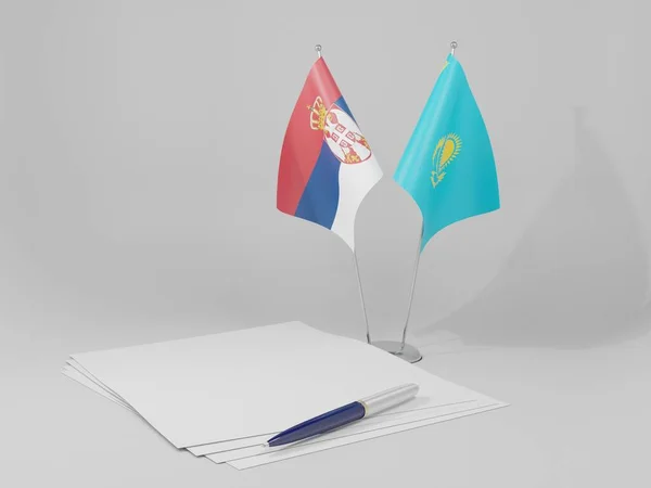 Kazakistan Bandiere Dell Accordo Serbia Sfondo Bianco Render — Foto Stock