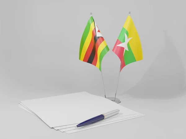 Myanmar Zimbabwe Overeenkomst Vlaggen Witte Achtergrond Render — Stockfoto