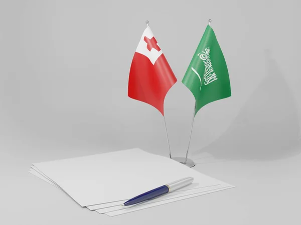 Arábia Saudita Bandeiras Acordo Tonga Fundo Branco Render — Fotografia de Stock