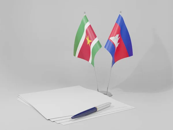 Cambodia Suriname Agreement Flags White Background Render — стокове фото