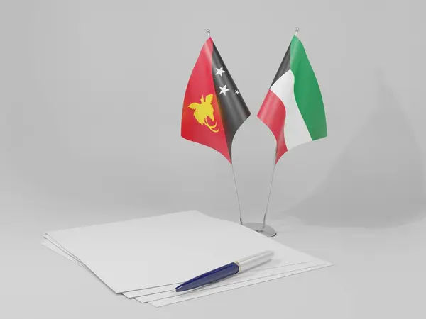 Kuwait Bandeiras Acordo Papua Nova Guiné Fundo Branco Render — Fotografia de Stock