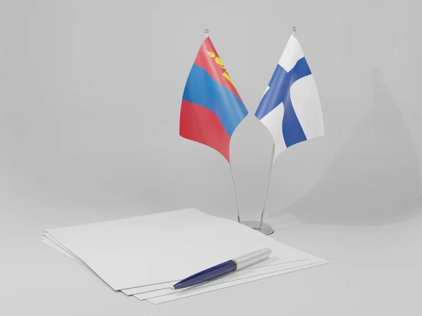 Finlandia Banderas Del Acuerdo Mongolia Fondo Blanco Render —  Fotos de Stock