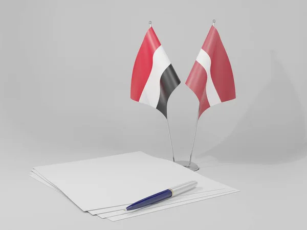 Letonia Banderas Del Acuerdo Yemen Fondo Blanco Render —  Fotos de Stock