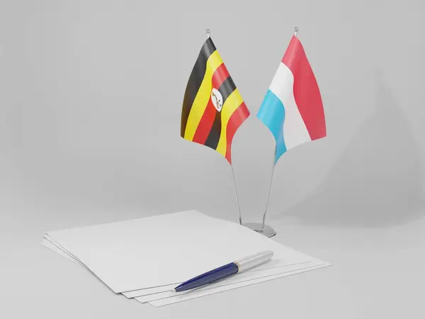 Luxemburgo Acordo Uganda Bandeiras Fundo Branco Render — Fotografia de Stock