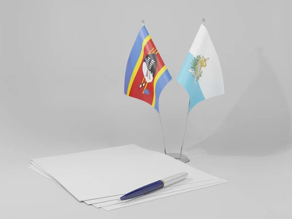 San Marino Banderas Del Acuerdo Swazilandia Fondo Blanco Render —  Fotos de Stock