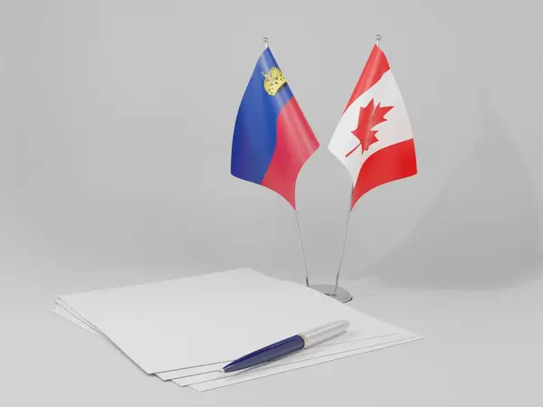 Canadá Banderas Del Acuerdo Liechtenstein Fondo Blanco Render —  Fotos de Stock