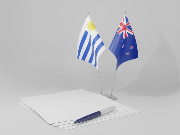 Nova Zelândia Acordos Uruguai Bandeiras Fundo Branco Render — Fotografia de Stock