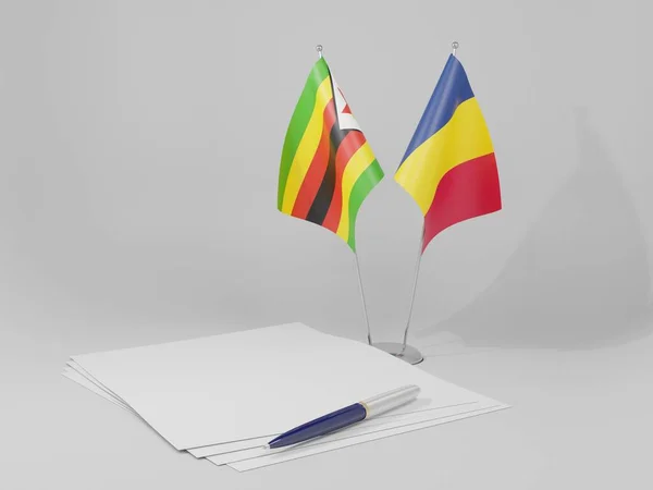 Chade Bandeiras Acordo Com Zimbabué Fundo Branco Render — Fotografia de Stock