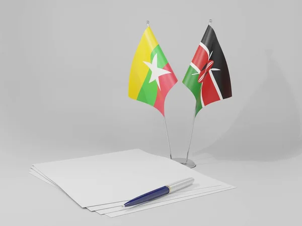 Quênia Bandeiras Acordo Mianmar Fundo Branco Render — Fotografia de Stock