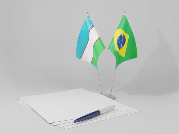 Brazília Üzbegisztán Megállapodás Zászlók Fehér Háttér Render — Stock Fotó