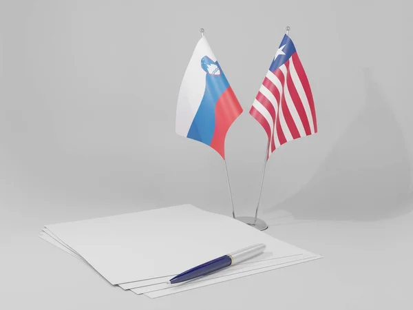 Liberia Banderas Del Acuerdo Eslovenia Fondo Blanco Render —  Fotos de Stock