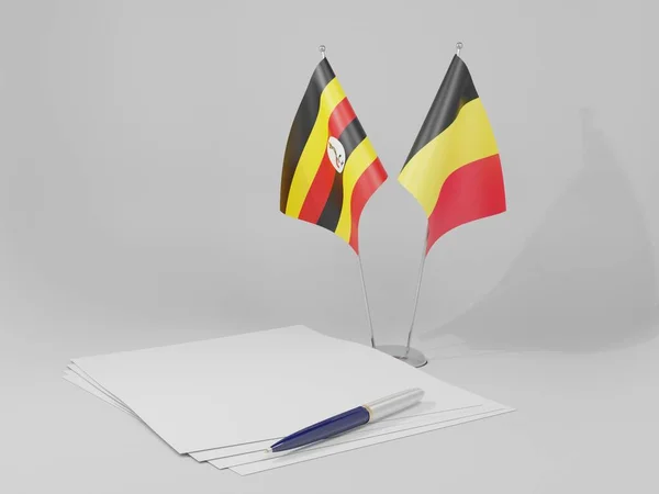 Bélgica Acordos Uganda Bandeiras Fundo Branco Render — Fotografia de Stock