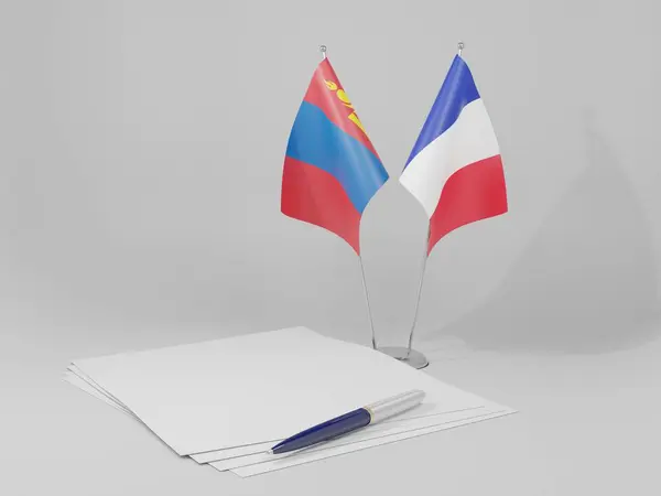Francia Banderas Del Acuerdo Mongolia Fondo Blanco Render — Foto de Stock