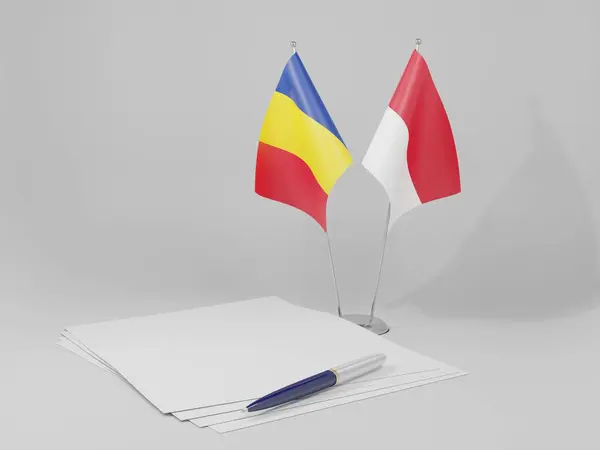 Indonésie Drapeaux Accord Roumanie Fond Blanc Render — Photo