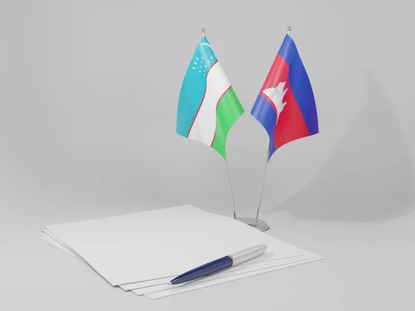柬埔寨 乌兹别克斯坦协定旗帜 白色背景 3D渲染 — 图库照片