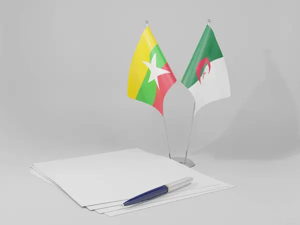 Argelia Myanmar Banderas Del Acuerdo Fondo Blanco Render —  Fotos de Stock
