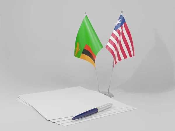 Liberia Banderas Del Acuerdo Zambia Fondo Blanco Render — Foto de Stock