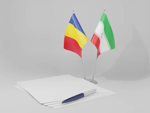 Irán Banderas Del Acuerdo Rumania Fondo Blanco Render —  Fotos de Stock