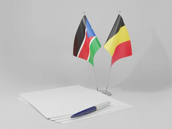 Bélgica Sudão Sul Bandeiras Acordo Fundo Branco Render — Fotografia de Stock