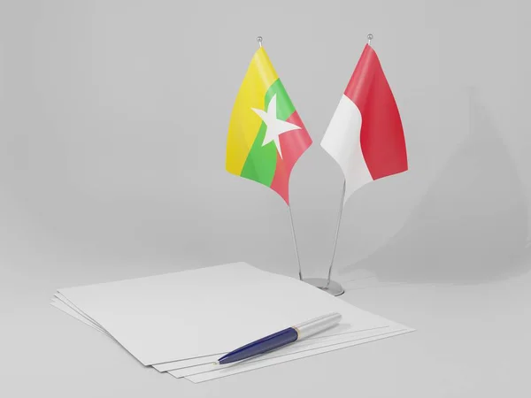 Indonésia Bandeiras Acordo Mianmar Fundo Branco Render — Fotografia de Stock