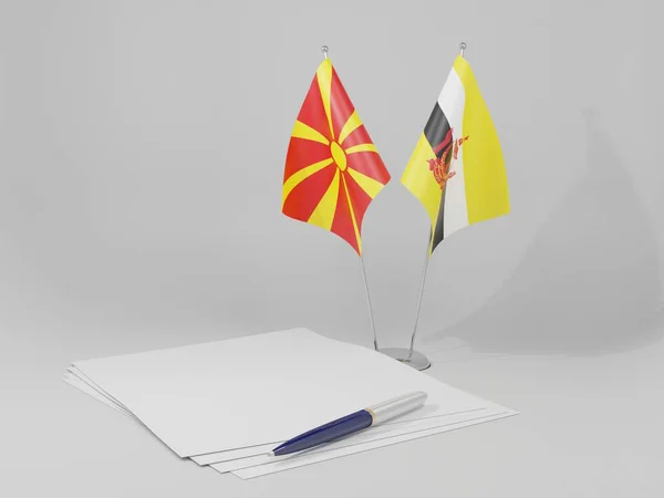 Brunei Bandiere Dell Accordo Macedonia Sfondo Bianco Render — Foto Stock