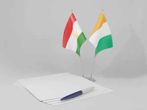 Costa Marfim Bandeiras Acordo Tajiquistão Fundo Branco Render — Fotografia de Stock