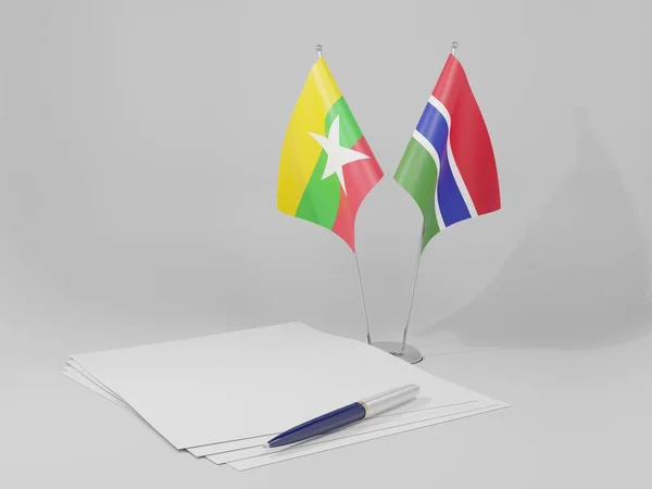 Gambia Banderas Del Acuerdo Myanmar Fondo Blanco Render — Foto de Stock