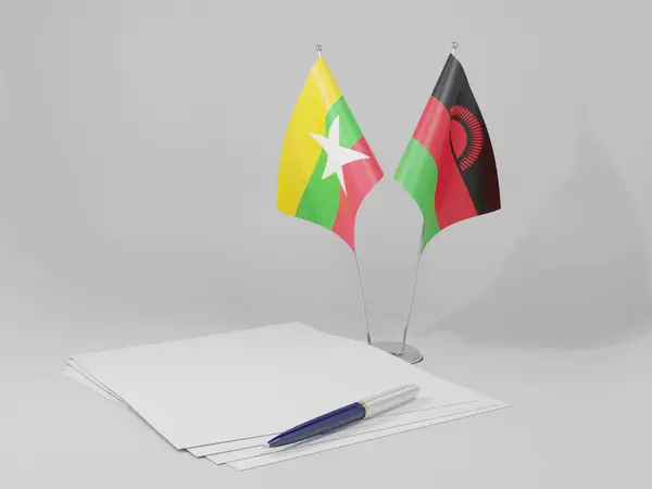 Μαλάουι Μιανμάρ Σημαίες Συμφωνία Λευκό Φόντο Render — Φωτογραφία Αρχείου