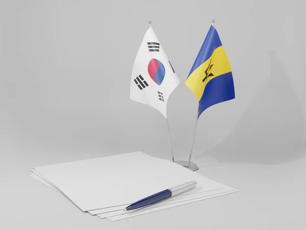 Barbados Acordo Coreia Sul Bandeiras Fundo Branco Render — Fotografia de Stock