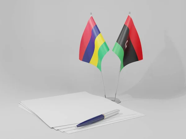 利比亚 毛里求斯协定旗帜 白色背景 3D渲染 — 图库照片